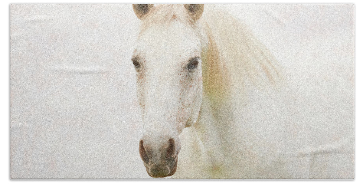 Horse Beach Towel featuring the digital art White Horse Head - creamy by Steve Ladner