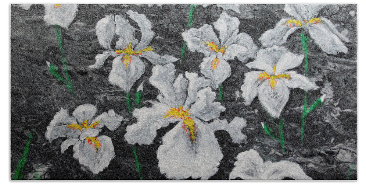 Floral Beach Towel featuring the painting White Irises by Vallee Johnson