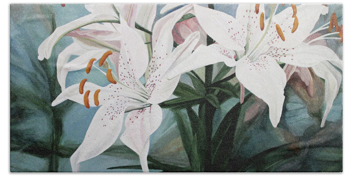 White Flower Beach Sheet featuring the painting White Lilies by Laurie Rohner