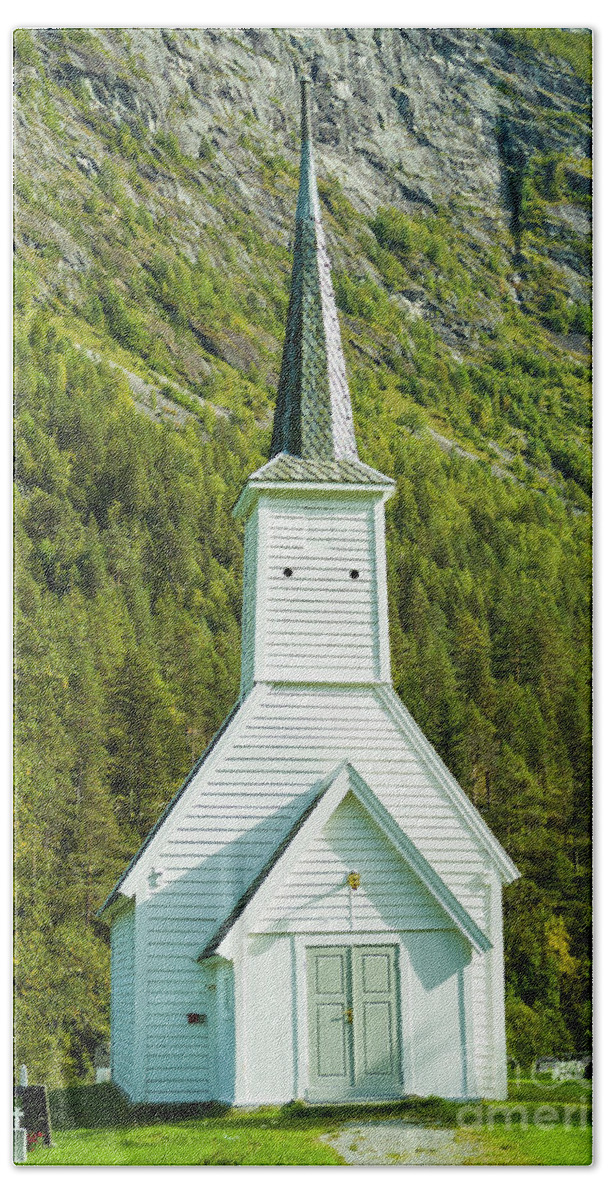 Norwegian Beach Towel featuring the photograph White Norwegian church at Jostedal, Norway by Neale And Judith Clark