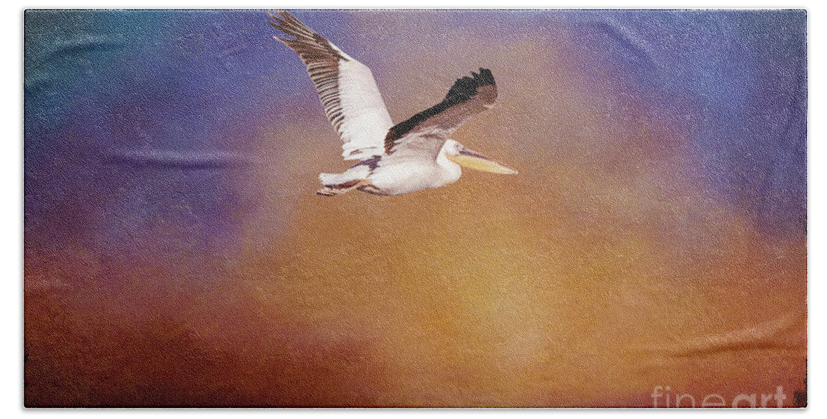  White Pelican Beach Towel featuring the digital art White Pelican at Sunset by Judi Bagwell