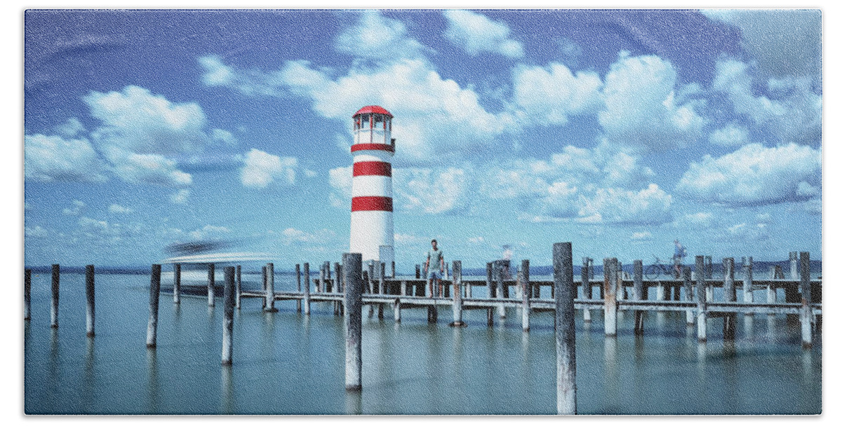Destinations Beach Towel featuring the photograph White-red lighthouse in Podersdorf am See by Vaclav Sonnek