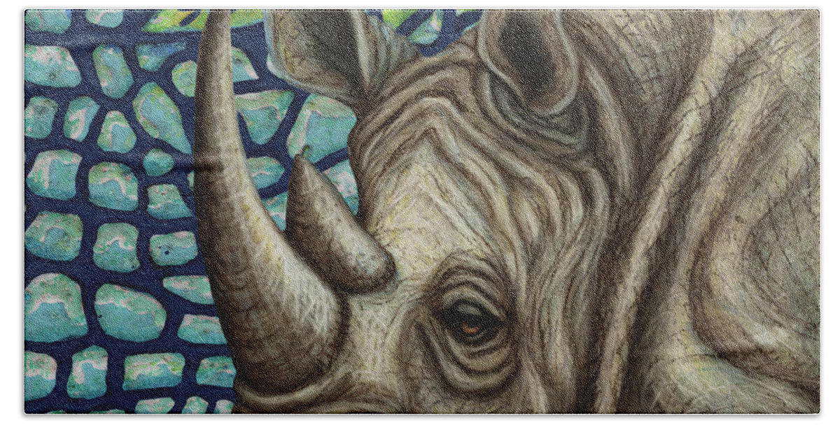Rhinoceros Beach Towel featuring the painting White Rhino In The Jungle by Amy E Fraser