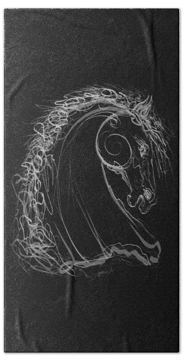  Drawing Beach Towel featuring the drawing White Stallion Line Drawing Black background by OLena Art by Lena Owens - Vibrant DESIGN