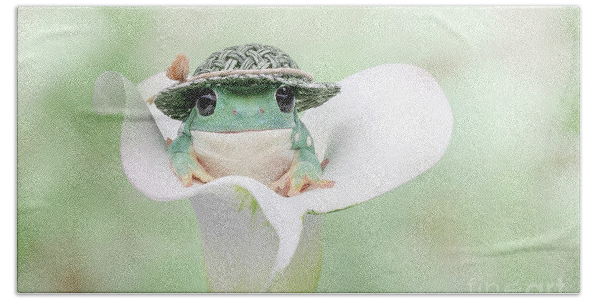 Frog Beach Towel featuring the photograph White's Tree Frog in a Hat and Flower by Linda D Lester