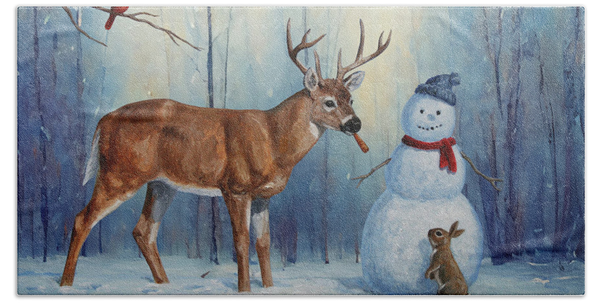 Christmas Beach Towel featuring the painting Whitetail Deer and Snowman - Whose Carrot? by Crista Forest
