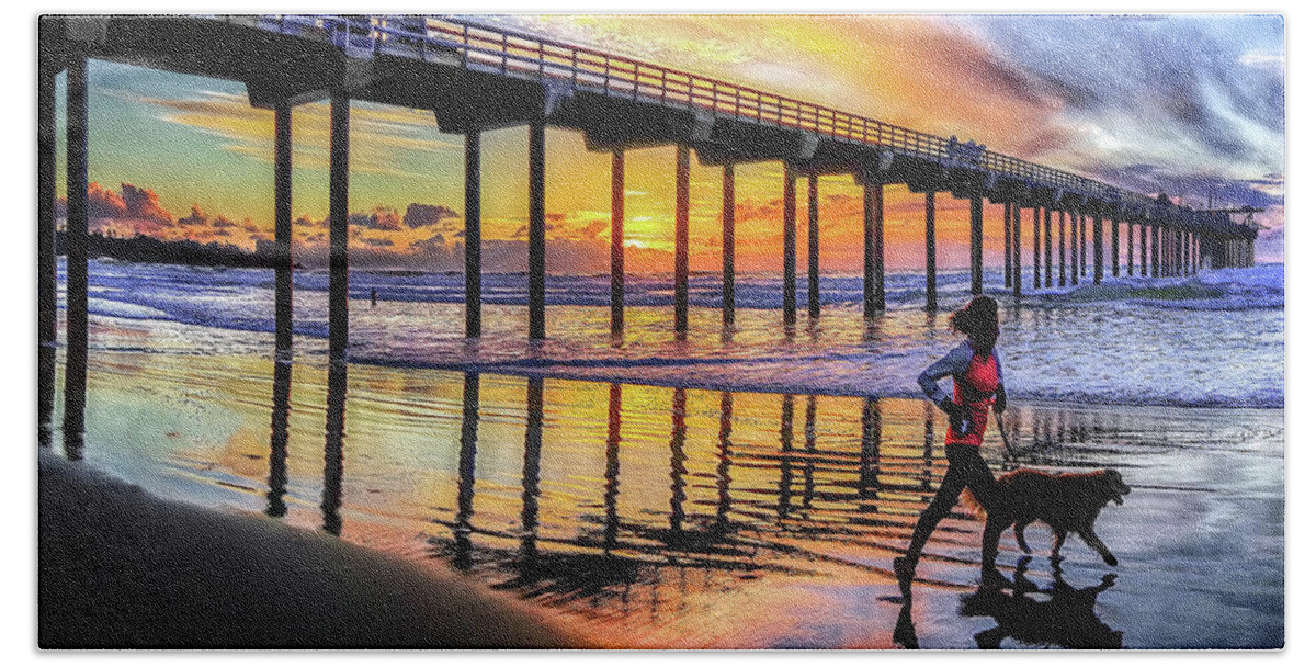 Dog Beach Towel featuring the photograph Whos Walking Whom, Scripps Pier, San Diego, California by Don Schimmel