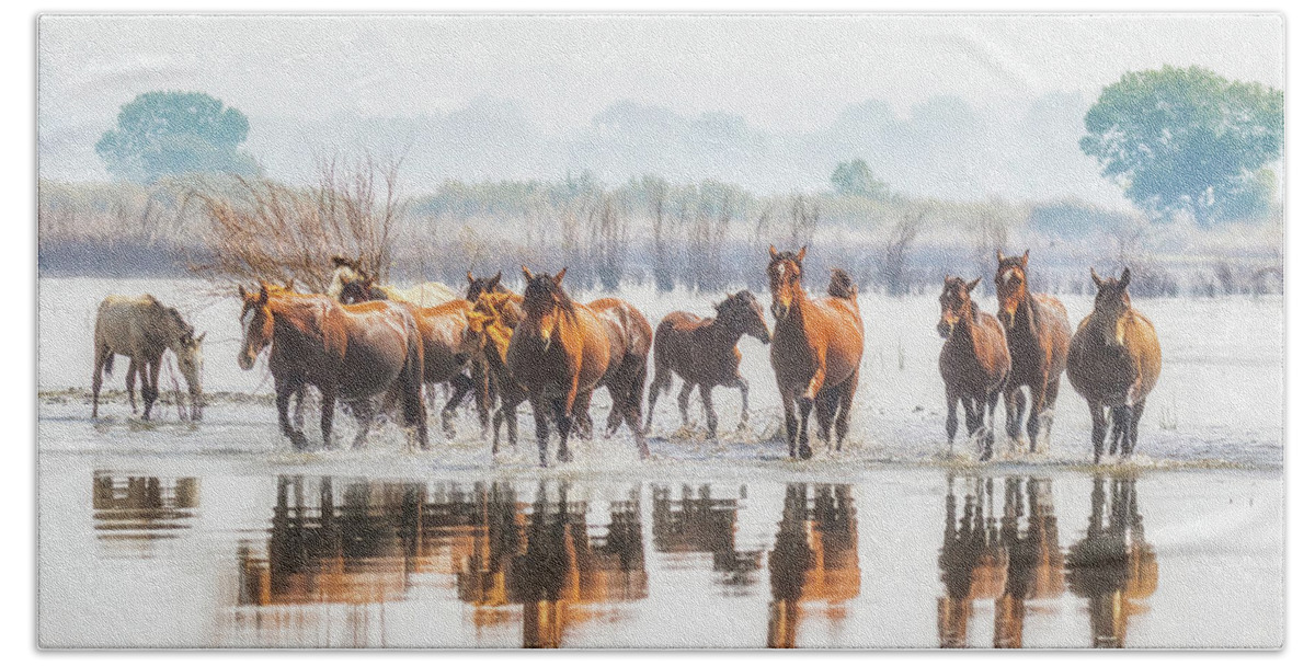 Nevada Beach Towel featuring the photograph Wild Horses Crossing Big Washoe by Marc Crumpler