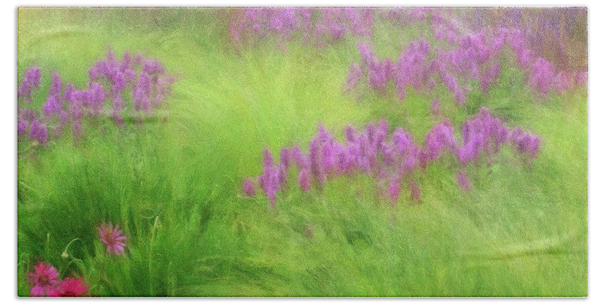 Background Beach Towel featuring the digital art Wild Lilac Spires in Tall Grass by Russ Harris