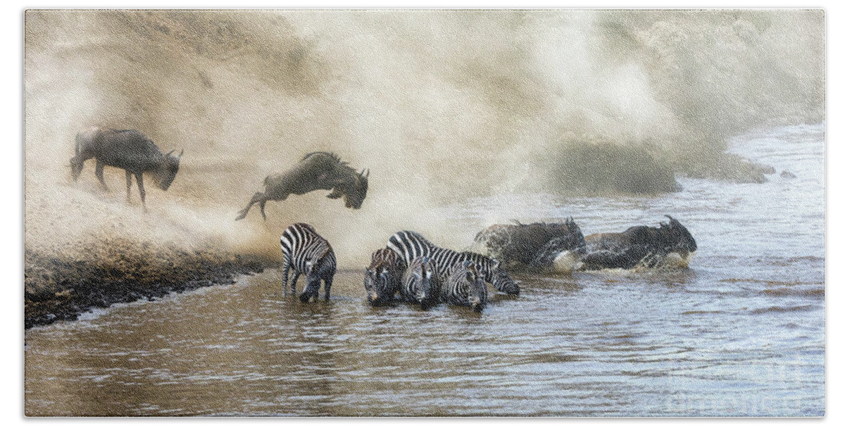 Motion Beach Towel featuring the photograph Wildebeest and zebra cross the Mara River during the annual gre by Jane Rix