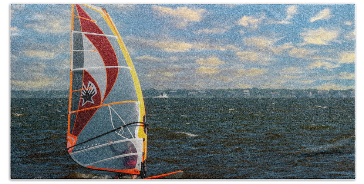 Wind Surfer Beach Towel featuring the photograph Wind Sailing by Cathy Kovarik
