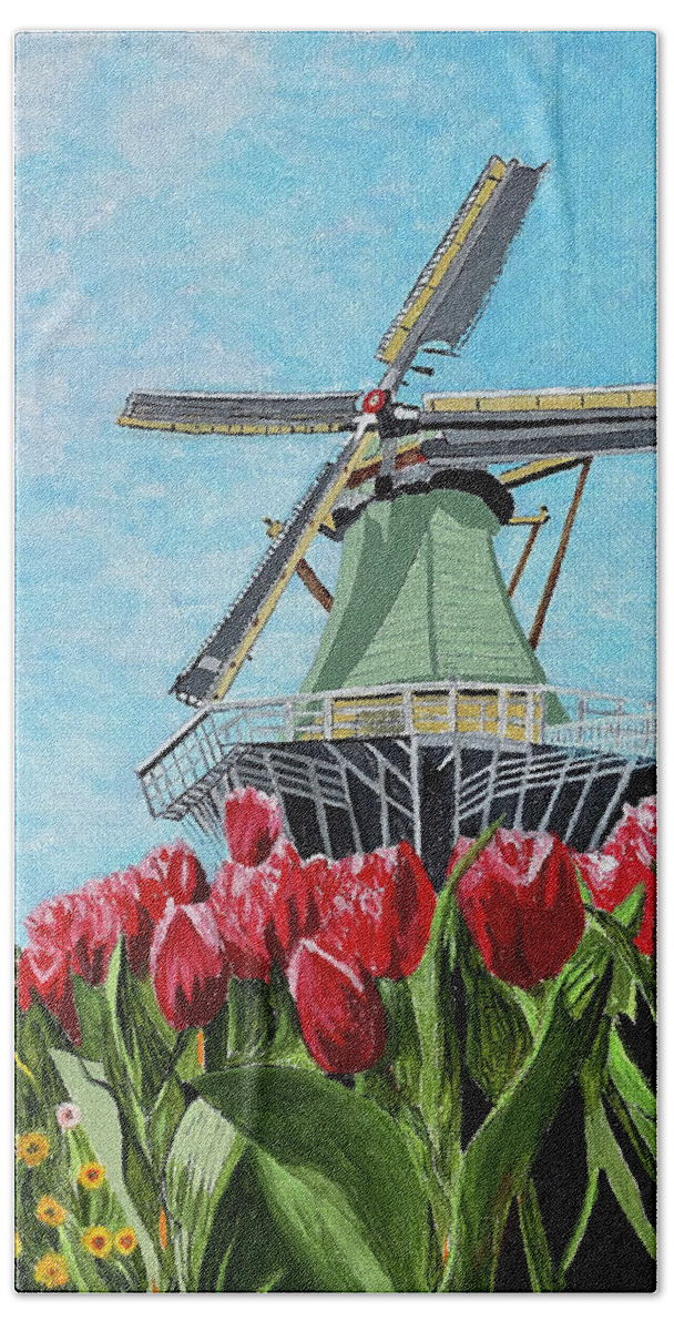 Windmill Beach Sheet featuring the painting Windmill and Tulips by William Bowers