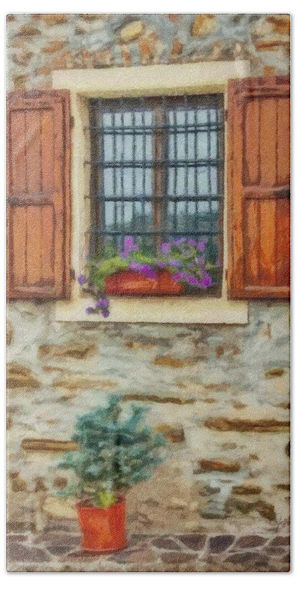 Shutter Beach Towel featuring the painting Window in a Stone Wall by Jeffrey Kolker