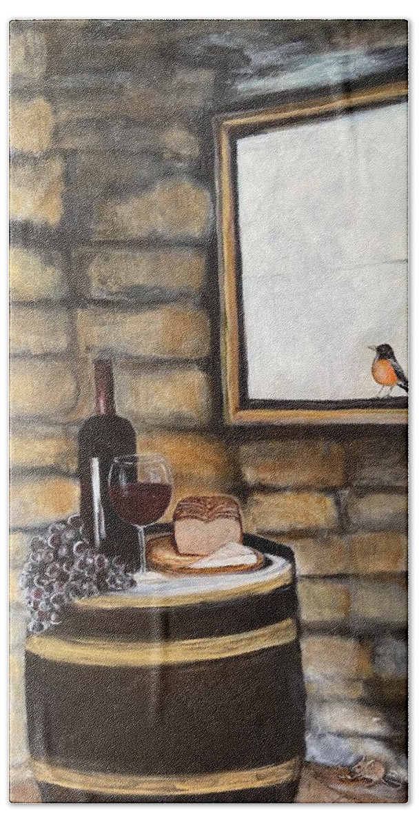 Wine Beach Towel featuring the painting Wine Barrel and Bird by Denice Palanuk Wilson
