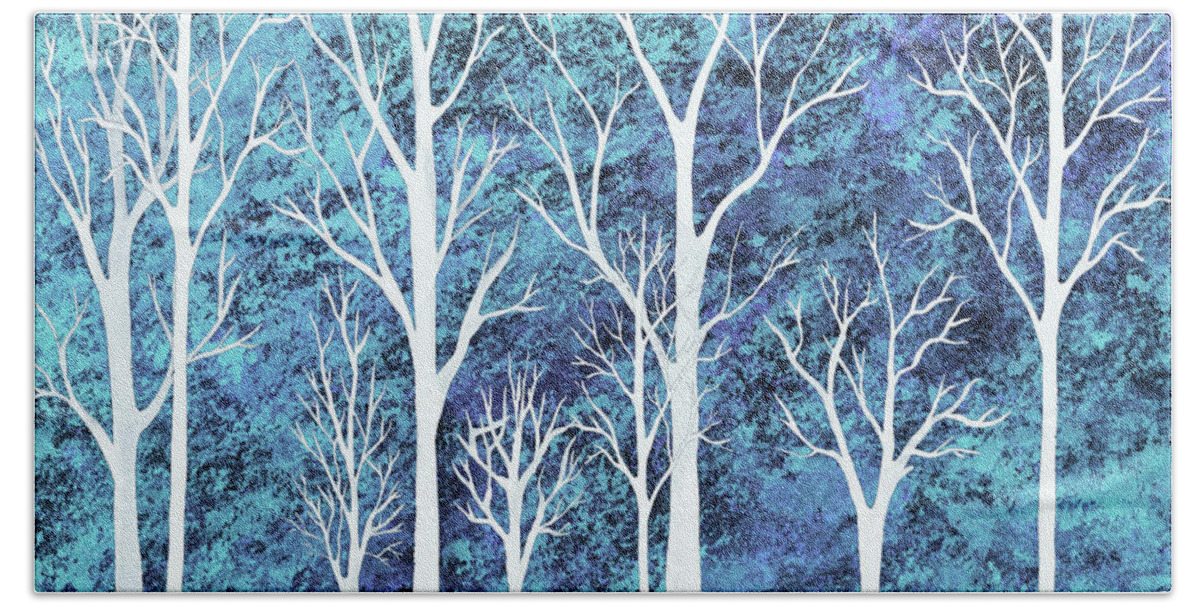 Abstract Forest Beach Towel featuring the painting Winter Blue Abstract Forest Trees Cool Teal Watercolor by Irina Sztukowski