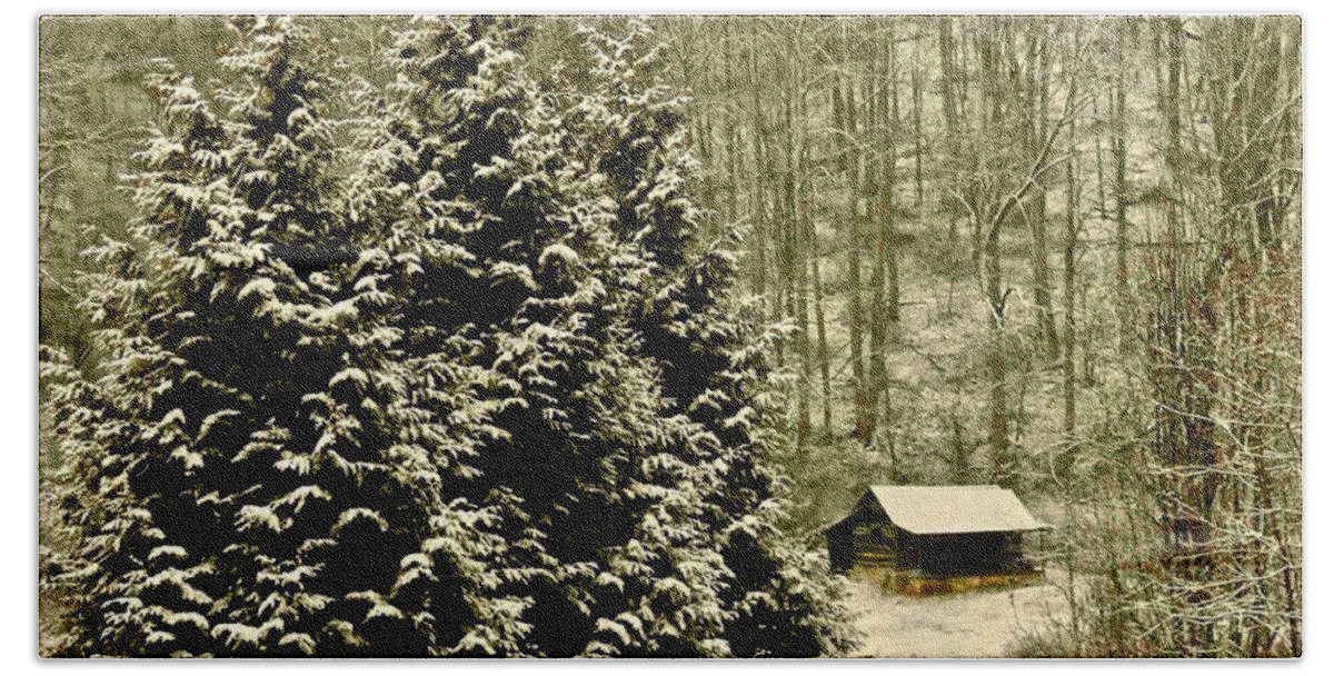 Winter Cabin In The Woods Beach Towel featuring the photograph Winter Cabin In The Woods by Kathy Chism