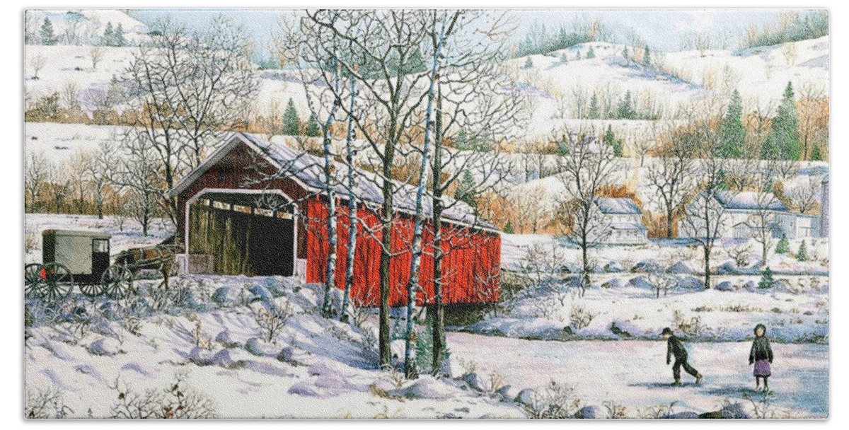 Covered Bridge Beach Towel featuring the painting Winter Crossing by Diane Phalen