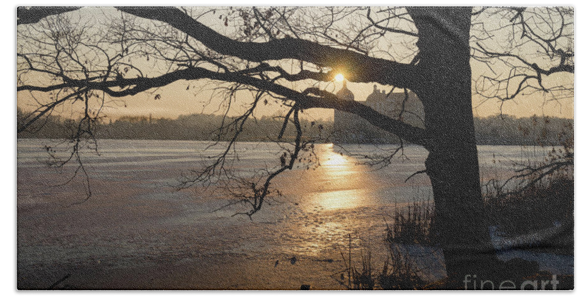 Dreamy Beach Towel featuring the photograph Winter sunset at Moritzburg Castle 3 by Adriana Mueller