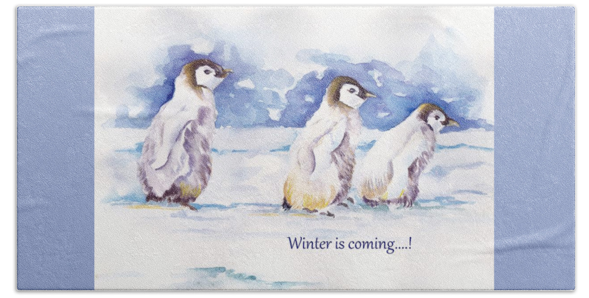 Penguins Beach Towel featuring the painting Winter IS COMING - penguins by Debra Hall