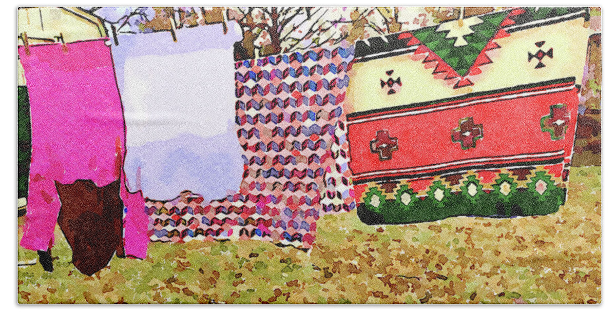 Laundry Day Beach Towel featuring the digital art Winter Laundry Day Watercolor Painting by Shelli Fitzpatrick