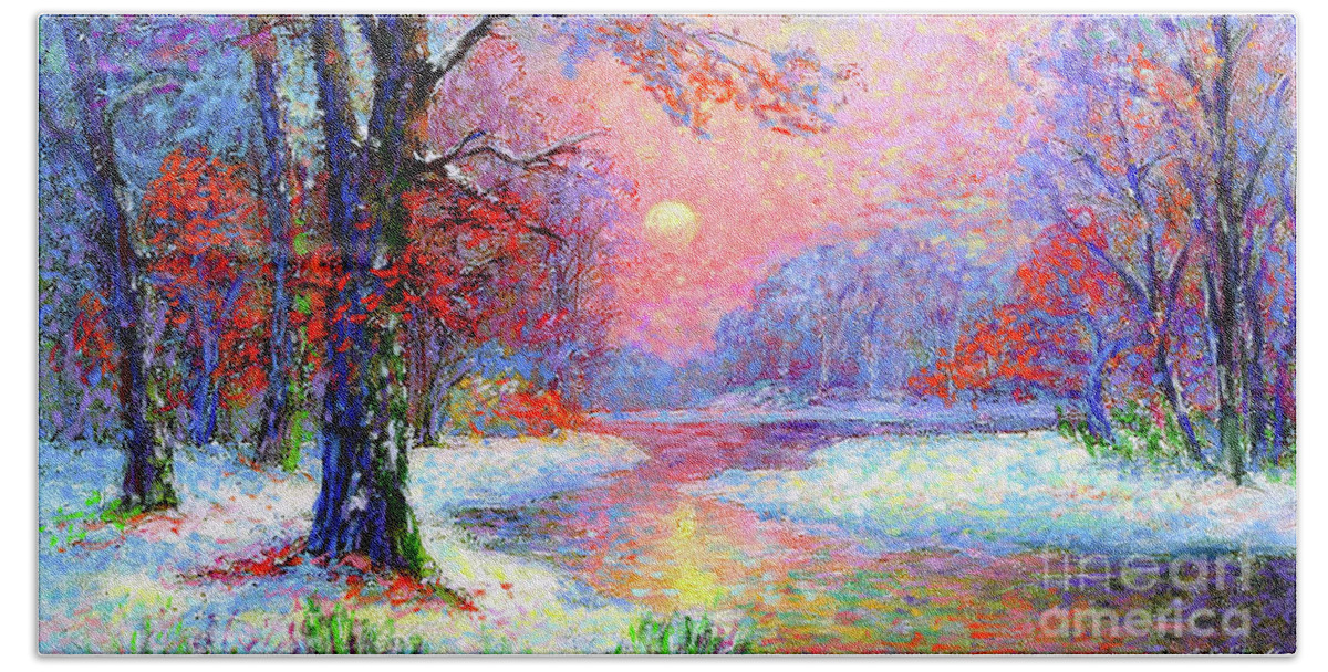 Tree Beach Towel featuring the painting Winter Nightfall, Snow Scene by Jane Small