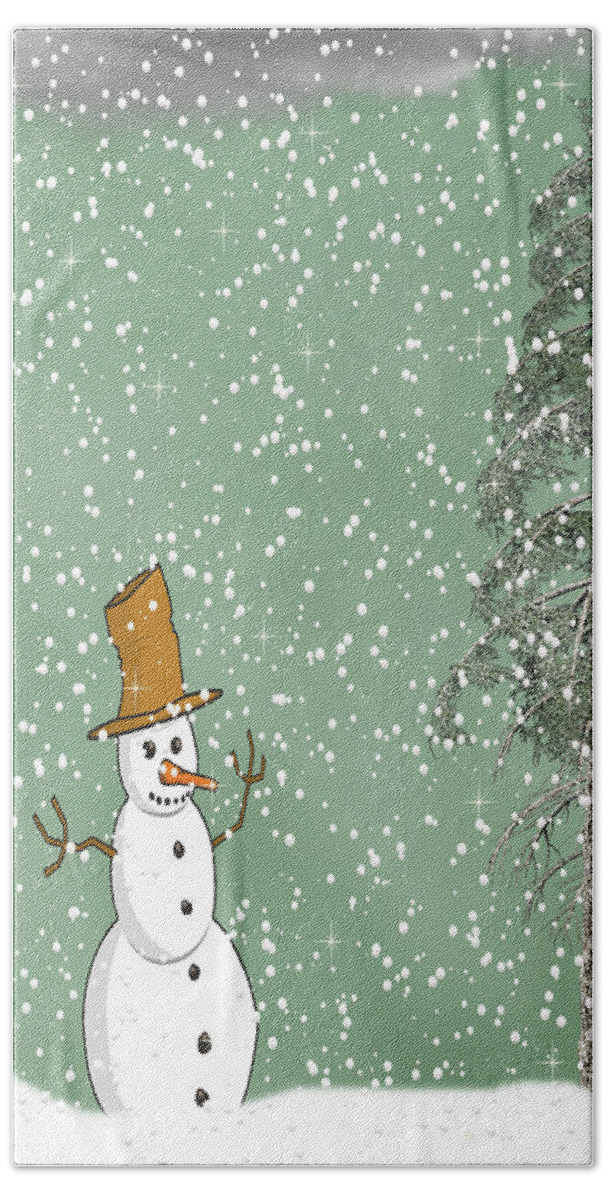 Snowman Beach Towel featuring the mixed media Winter Scene With Snowman 5 by David Dehner