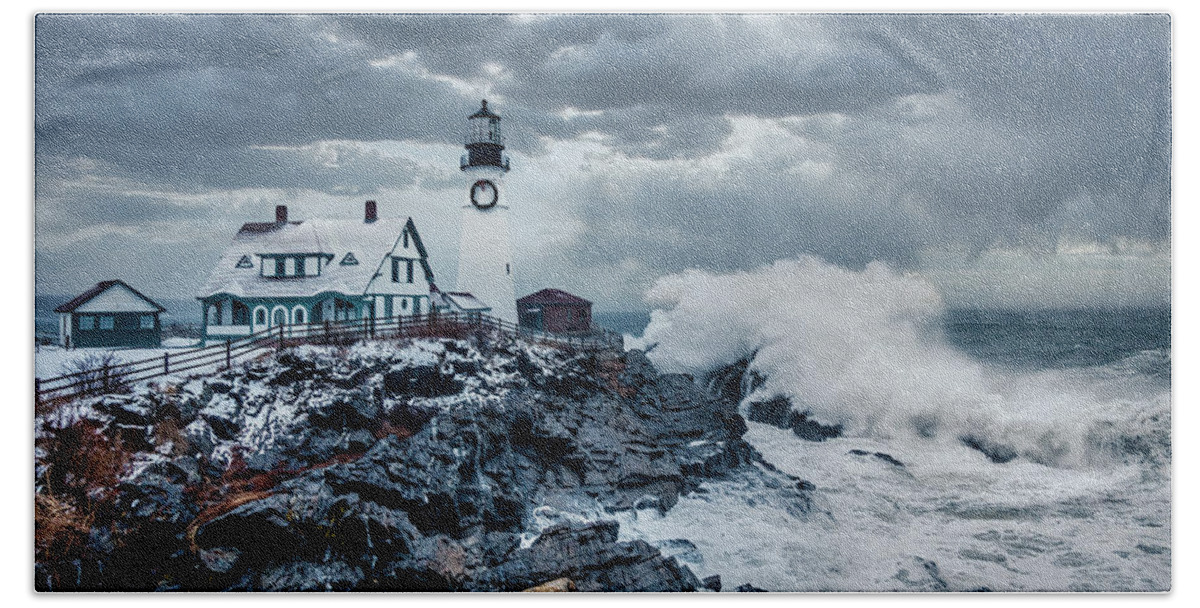 Lighthouse Beach Towel featuring the photograph Winter Storm, Portland Headlight by Gary Shepard