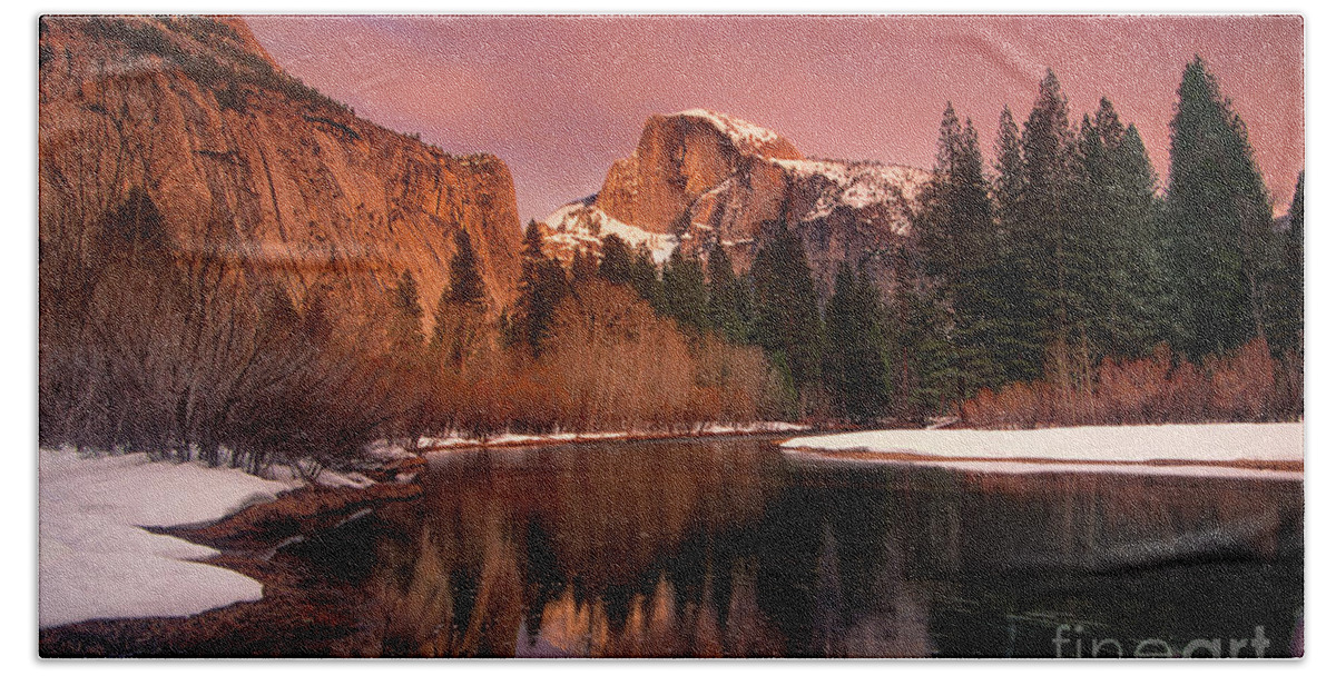 North America Beach Towel featuring the photograph Winter Sunset Lights Up Half Dome Yosemite National Park by Dave Welling