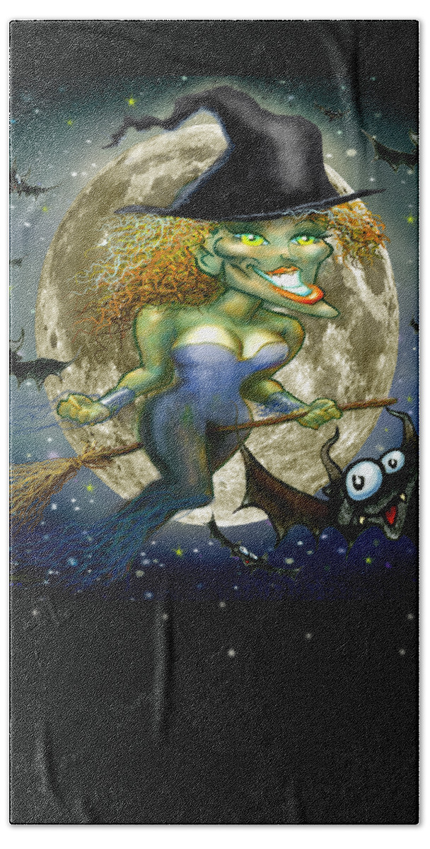 Witch Beach Towel featuring the digital art Witch on Broomstick at Full Moon by Kevin Middleton