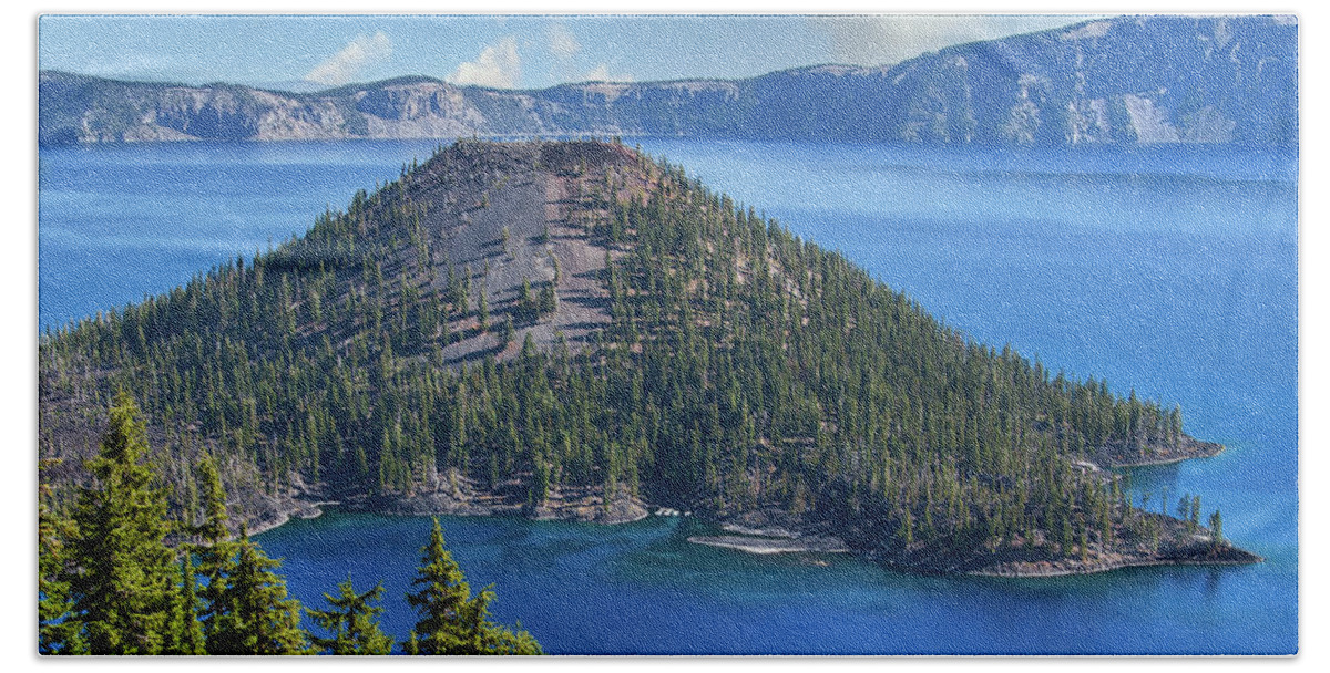 Lake Beach Towel featuring the digital art Wizard Island In Crater Lake by Kirt Tisdale