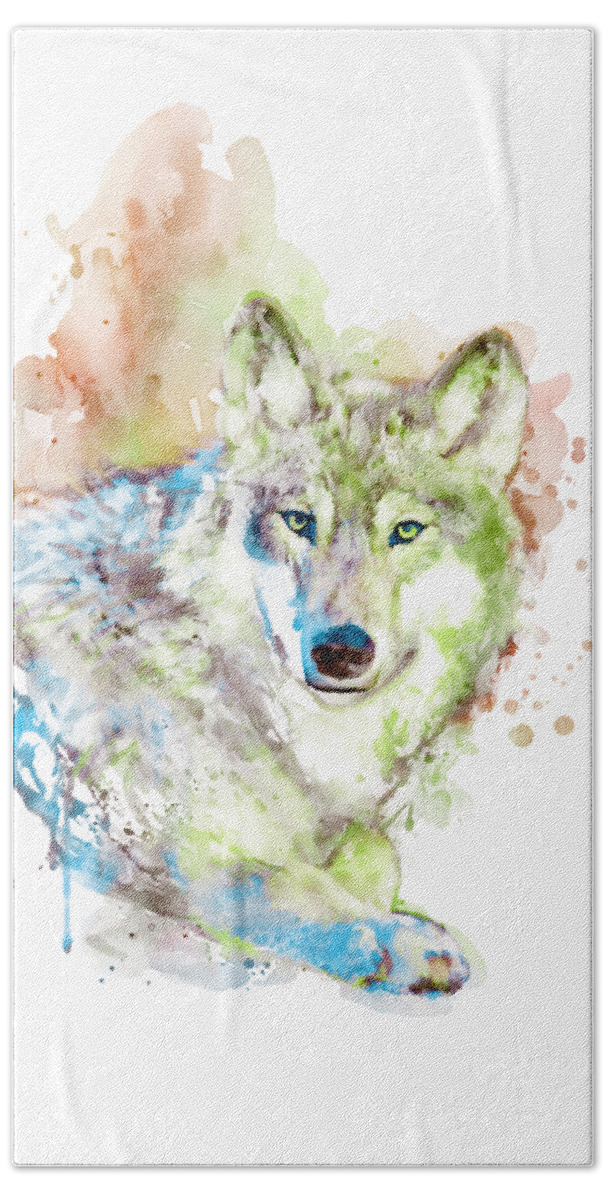 Wolf Beach Sheet featuring the painting Wolf face watercolor by Marian Voicu