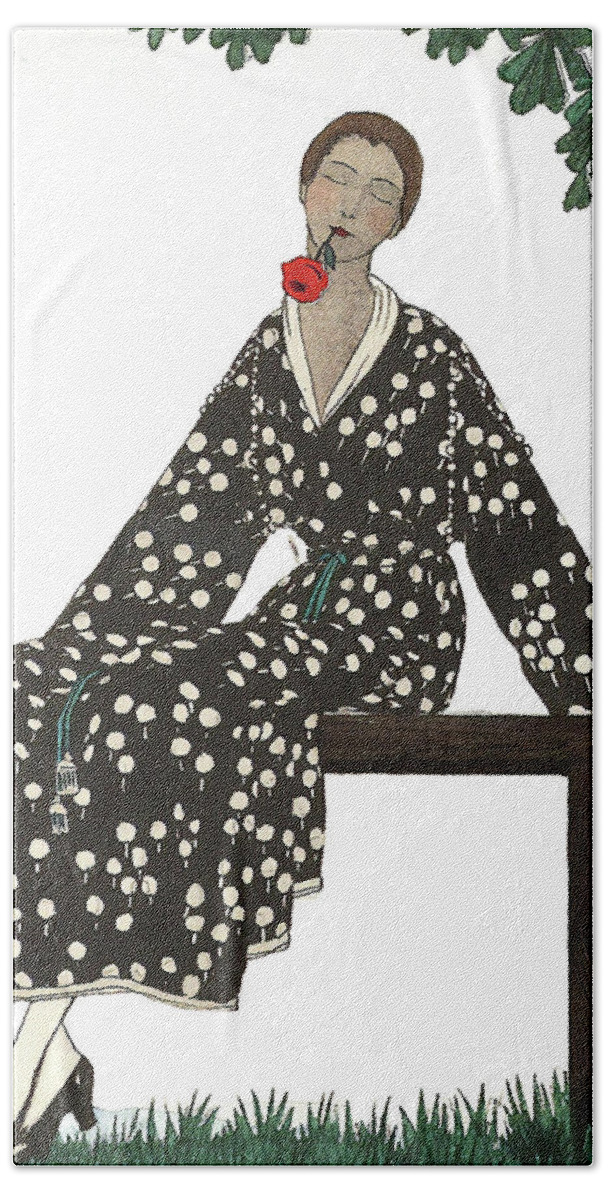 Woman Beach Towel featuring the painting Woman with Flower by Long Shot