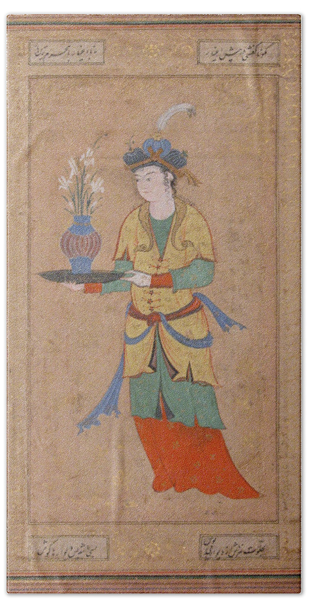 Woman With Vase Of Lilies Second Half 16th Century Beach Towel featuring the painting Woman with Vase of Lilies second half 16th century by Artistic Rifki