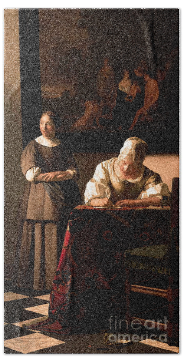 Woman Writing A Letter Beach Towel featuring the painting Woman Writing a Letter with her Maid by Alexandra Arts