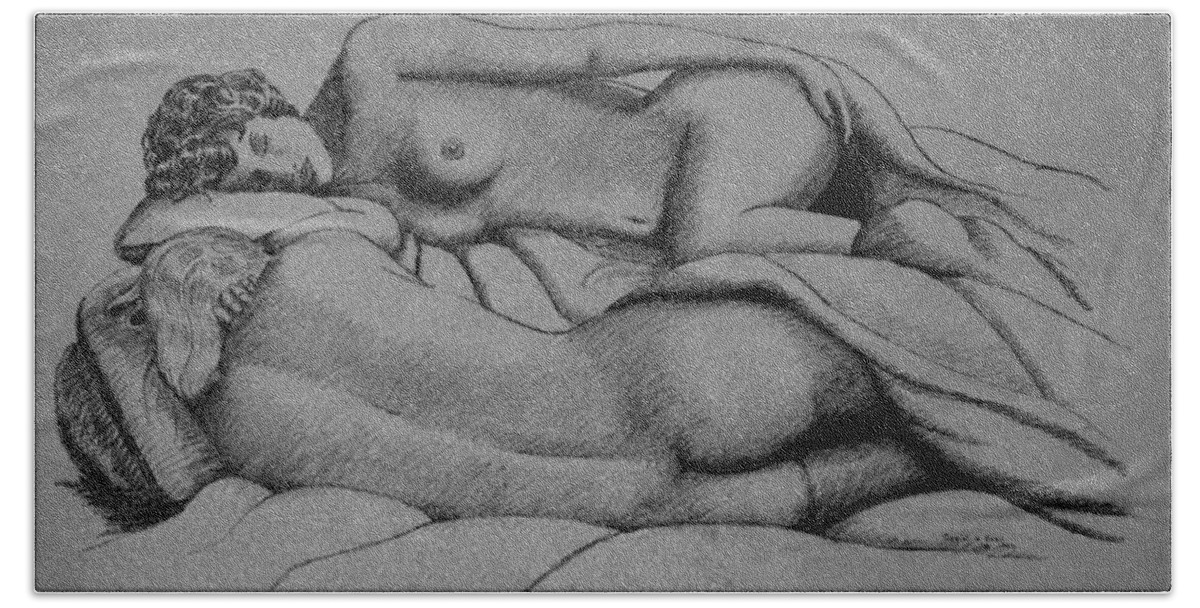 Nude Beach Towel featuring the drawing Women Sleeping by Daniel Reed