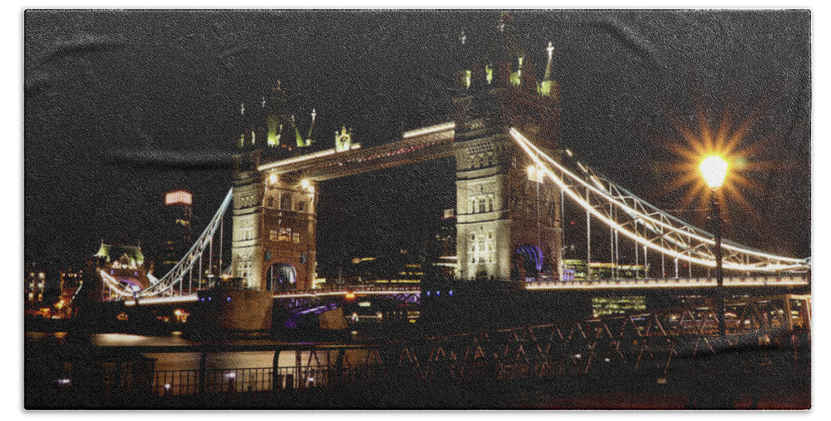 Sky Beach Towel featuring the photograph Tower Bridge with LED lighting by Vaclav Sonnek