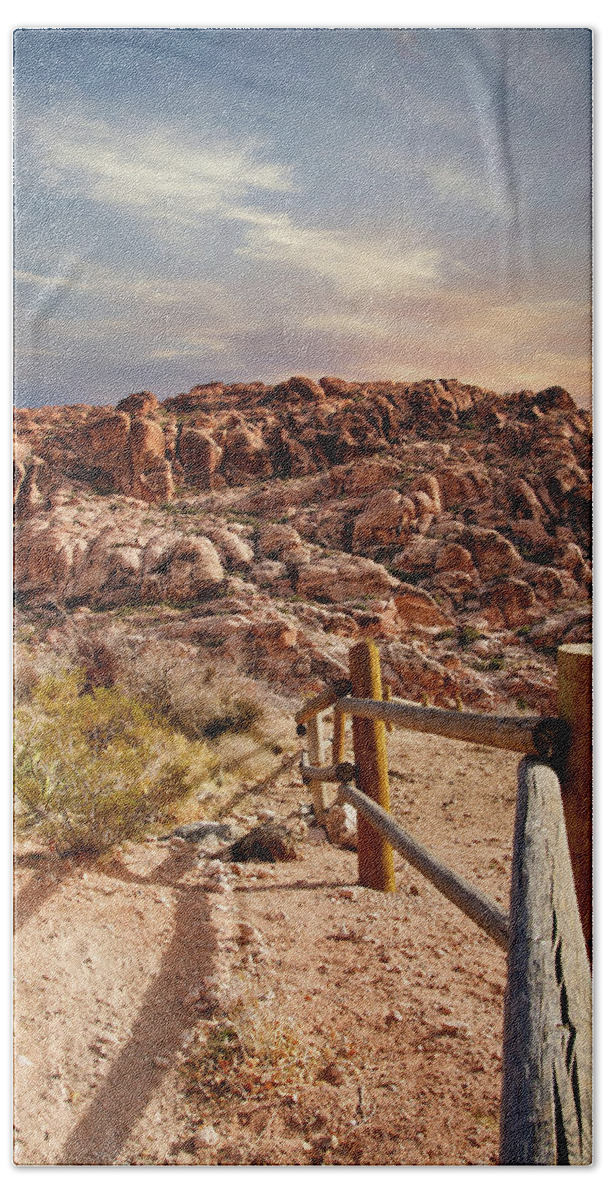 Vegas Beach Towel featuring the photograph Wood Rail Fence Into Desert Mountains by Darryl Brooks