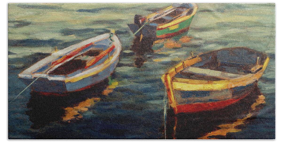 Galicia Beach Towel featuring the painting Wooden Boats at Mugardos Oil on Canvas Painting Galicia by Pablo Avanzini