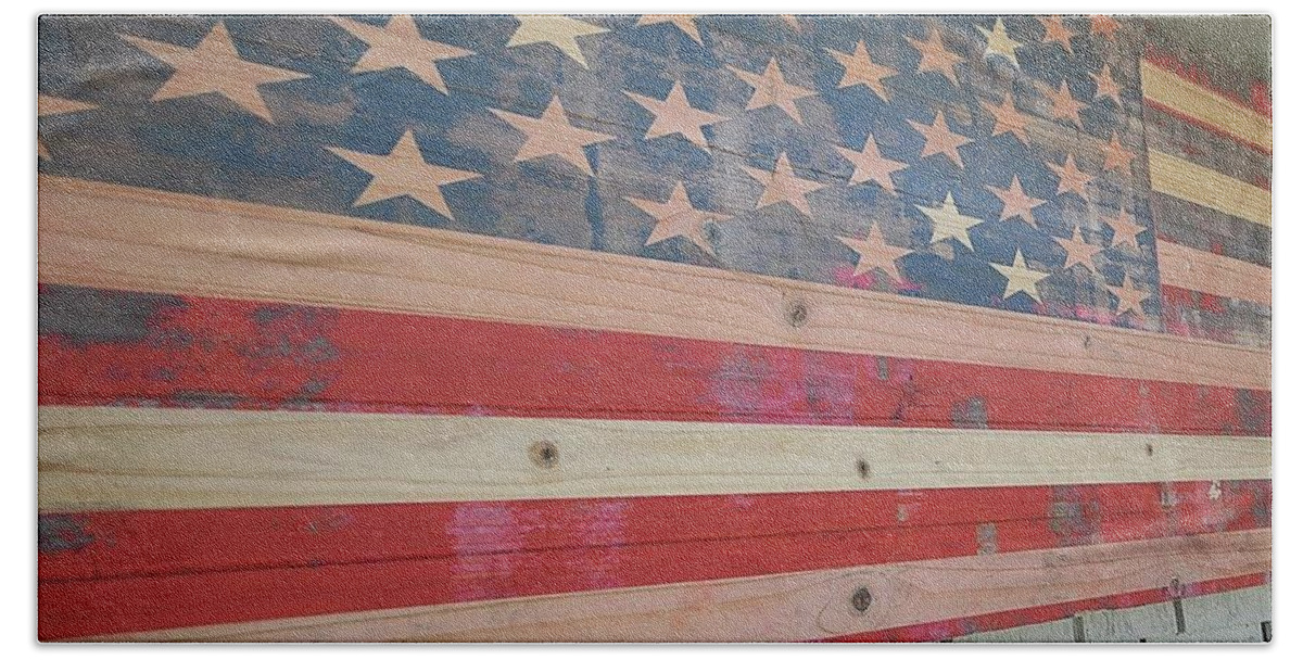 Us Flag Beach Towel featuring the pyrography Wooden Flag by John Parulis