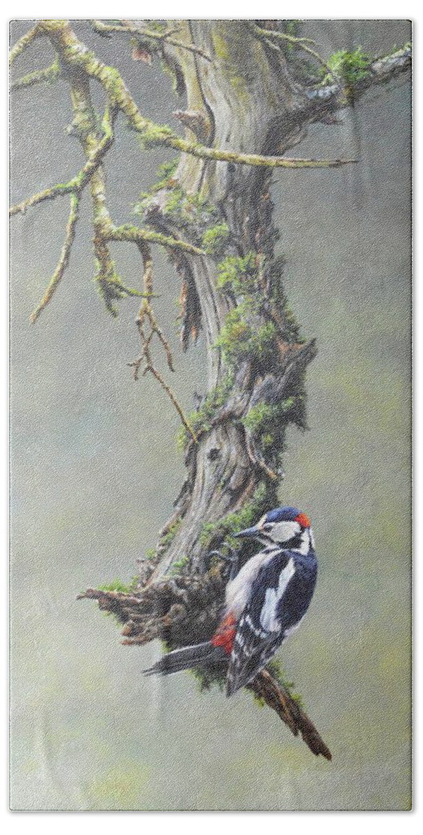 Woodpecker Beach Towel featuring the painting Woodpecker on branch by Alan M Hunt
