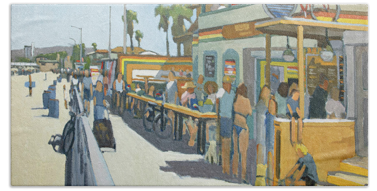Woodys Beach Towel featuring the painting Woody's Breakfast and Burgers - Pacific Beach, San Diego, California by Paul Strahm