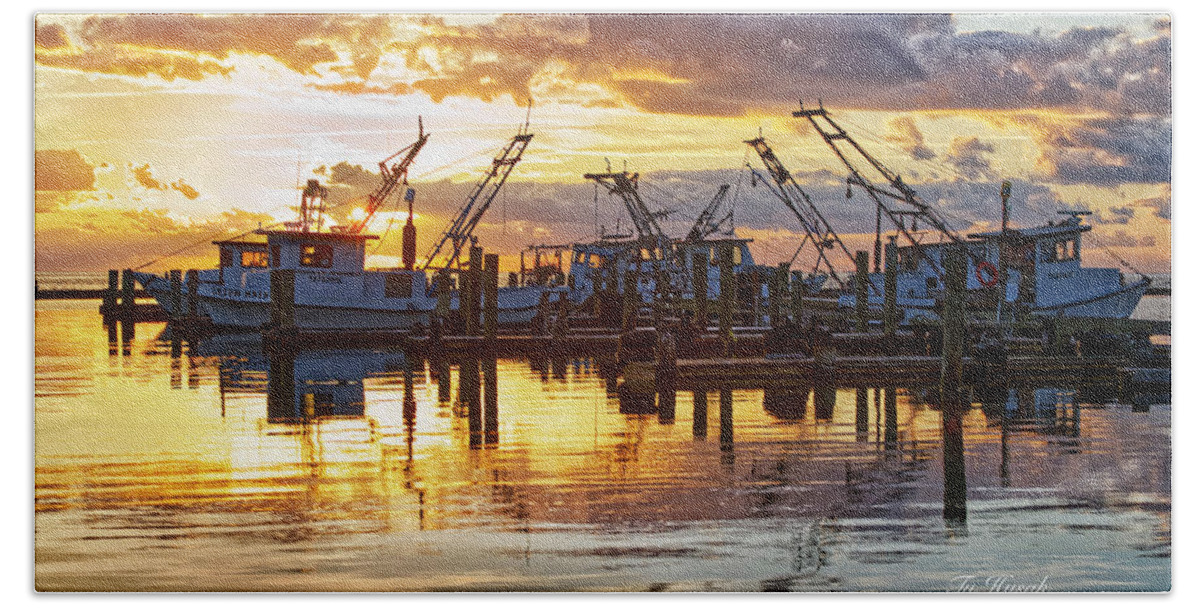 Sunrise Beach Towel featuring the photograph Workboats on Silver and Gold by Ty Husak