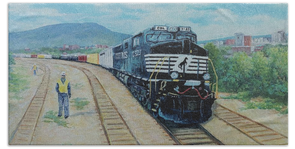 Trains Beach Towel featuring the painting Working Heartily by ML McCormick