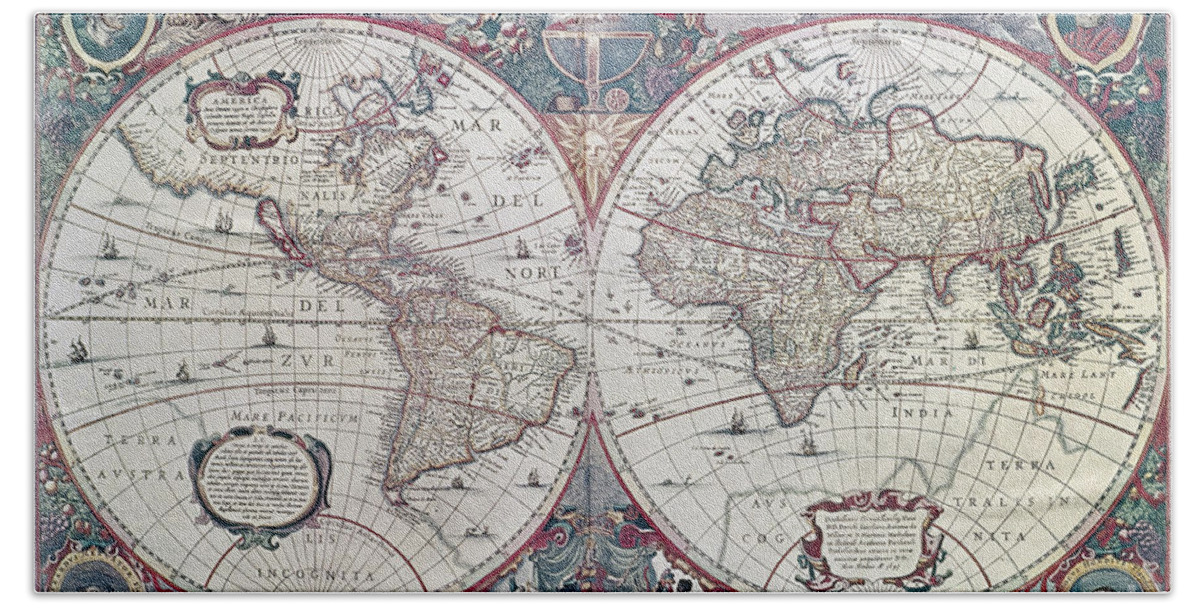 1641 Beach Towel featuring the drawing World Map, 1641 by Henricus Hondius