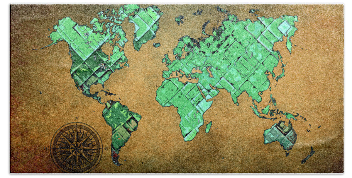Map Of The World Beach Towel featuring the digital art World Map Art Green Brown #map #worldmap by Justyna Jaszke JBJart