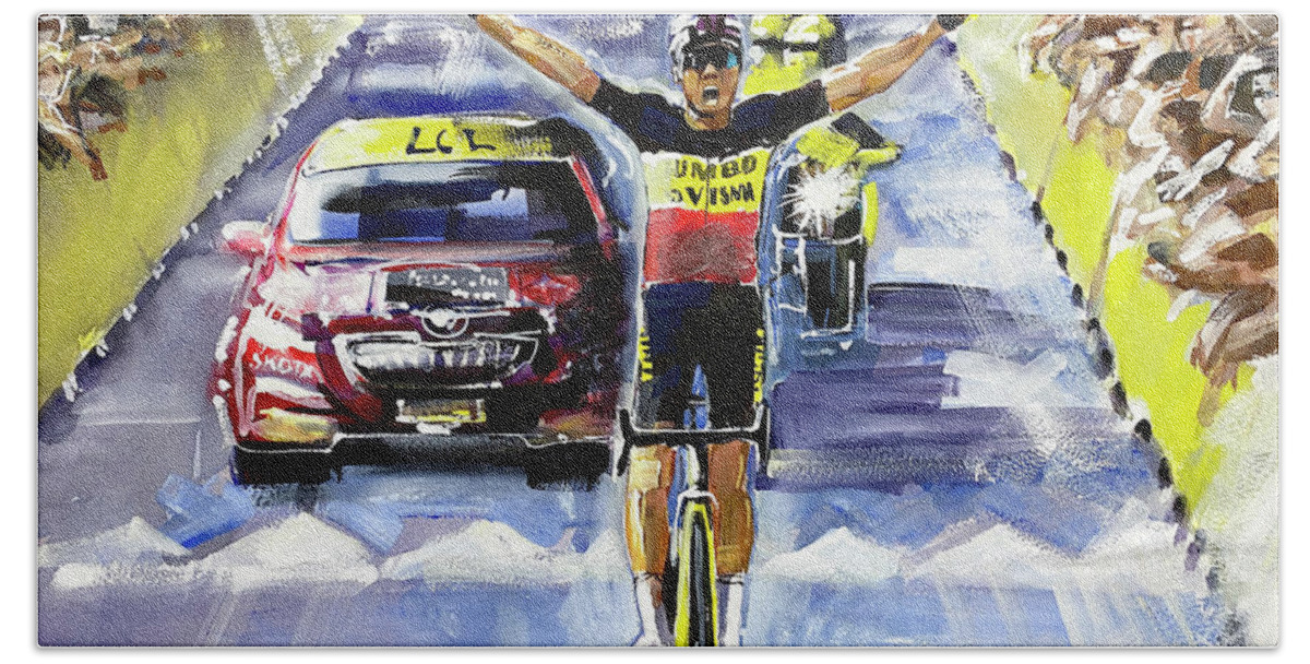 Le Tour De France Beach Towel featuring the painting Wout van Aert Stage 11 TDF 202 by Shirley Peters