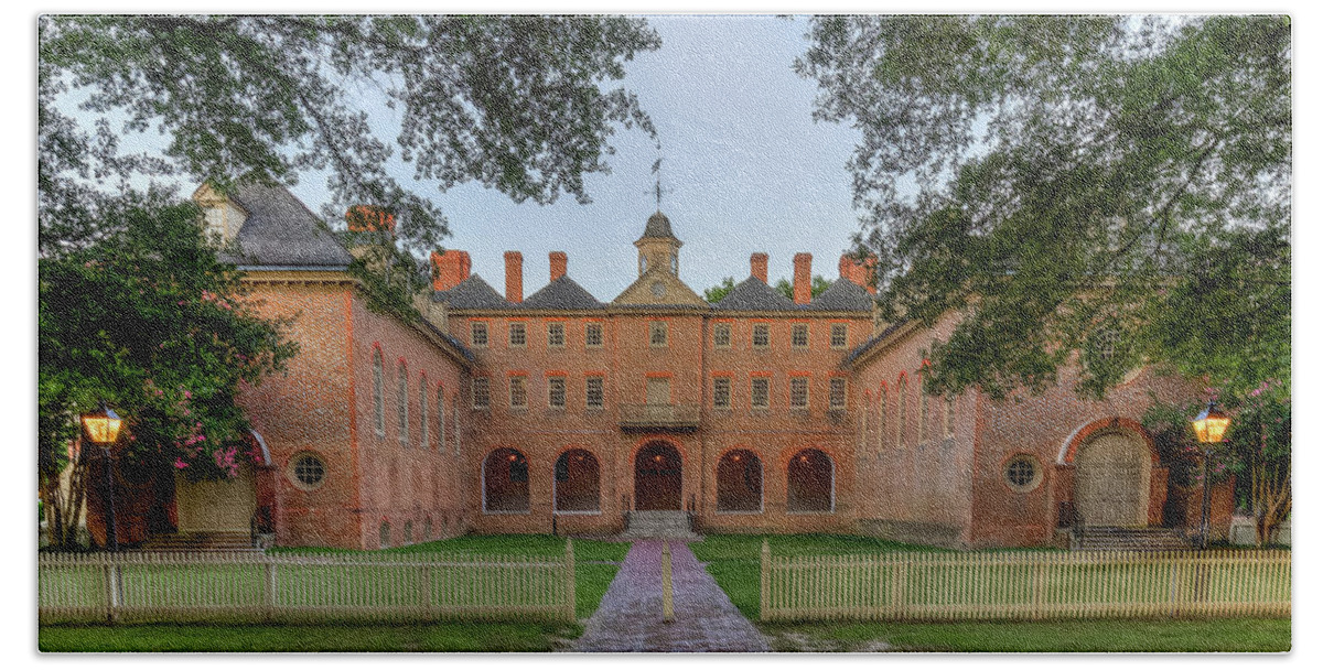 William And Mary Beach Towel featuring the photograph Wren Building at Dusk by Jerry Gammon
