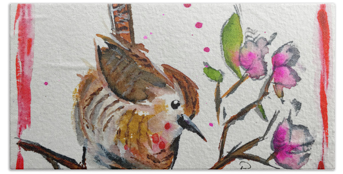 Wren Bird Beach Towel featuring the painting Wren in a Cherry Blossom Tree by Roxy Rich