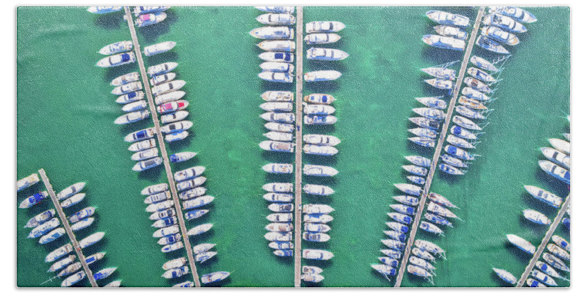 Novigrad Beach Towel featuring the photograph Yachting club and marina aerial view, Novigrad Istarski by Brch Photography