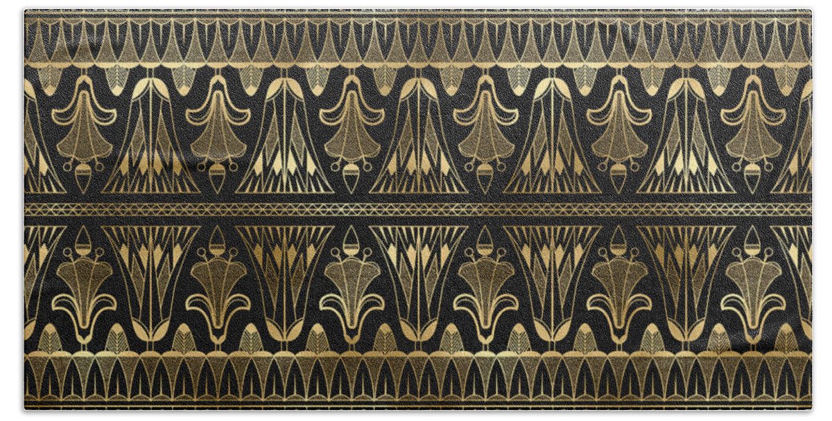 Art Beach Towel featuring the digital art Yamkhana - Gold Black Art Deco Seamless Pattern by Sambel Pedes
